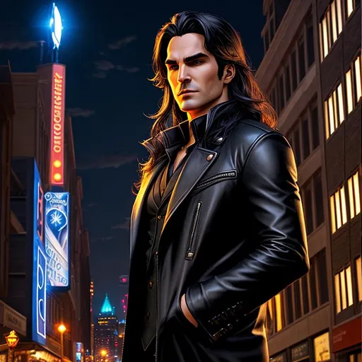 Prompt: Contemporary wizard inspired by "Dresden Files", detailed symmetrical face, detailed comic book art style, city at night style background, well lit by street lights, vampire, real, alive, real skin textures,