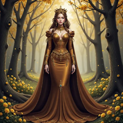 Prompt: a princess in a  cocoa brown and gold gown standing in a forest with a crown on her head and a cloak, Dirk Crabeth, gothic art, fantasy style, a storybook illustration