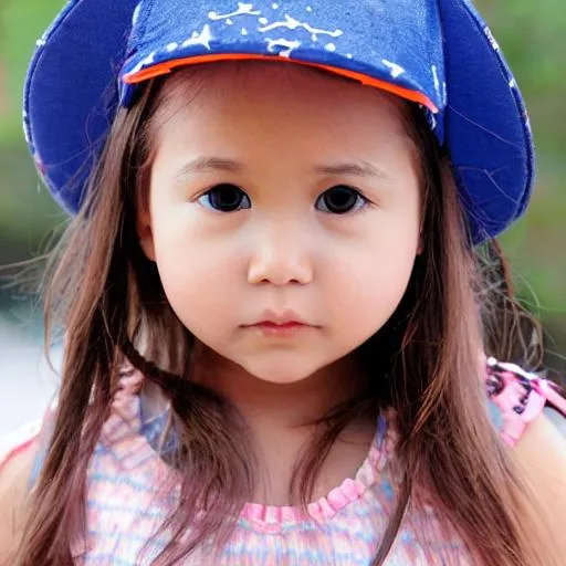 Prompt: a four years old girl,
round face, fat
long brown hair,
tall,
big eyes,
hat,


