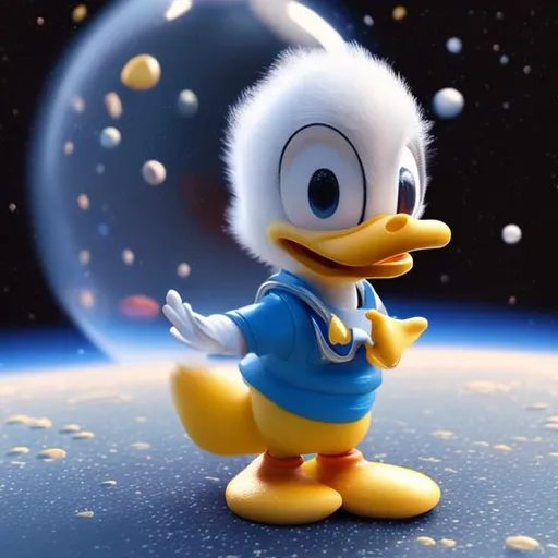 Prompt: A 3D little Donald duck in a space.  