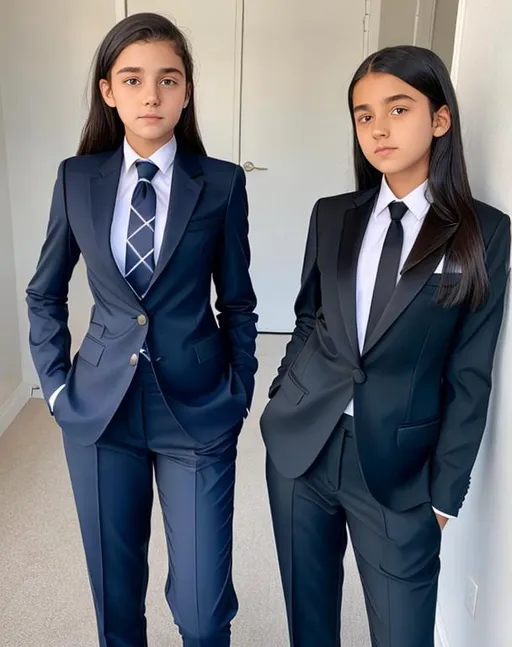 Prompt: Two girls 14yo, suit, Tie, Trousers,