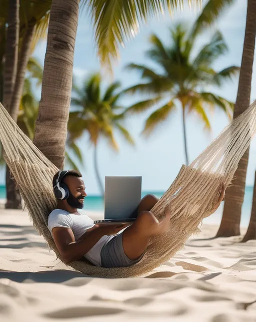 Prompt: A remote worker sitting relaxed on a tropical beach with coconut trees swaying in the breeze behind them. They type on a laptop while chilling in a hammock wearing headphones, focused yet comfortable. Natural lighting filters through the palm fronds. Shot with a Fujifilm X-T4 with 35mm lens. The mood is peaceful productivity and freedom. In the style of before-and-after storytelling photography.