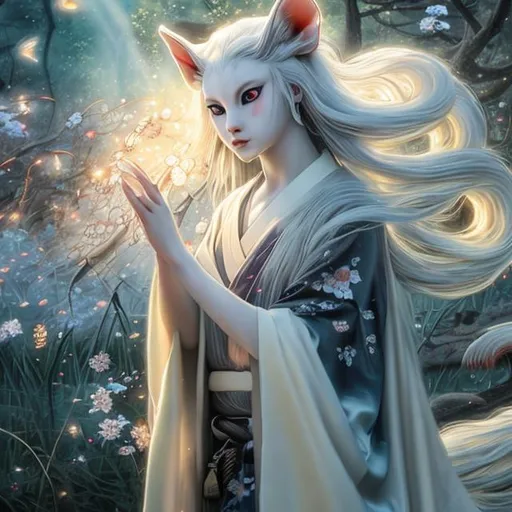 Prompt:  kitsune with vivid blue eyes that glow, long flowing white hair, in decadent silk kimono in a field surrounded by fireflies Hyperrealistic uhd