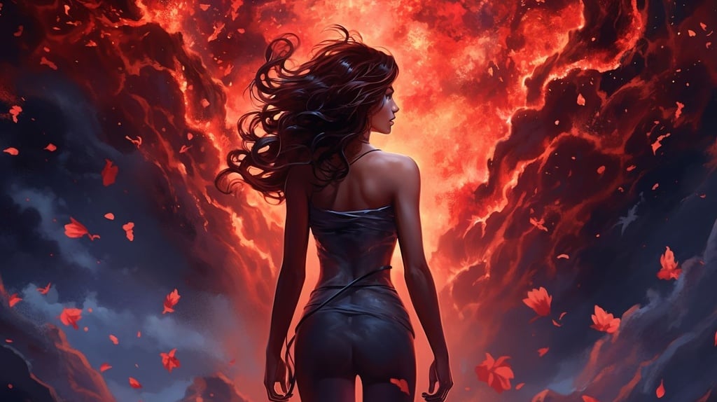 Prompt: a woman standing in space with a red background and fire around her, in the style of charlie bowater, dark gray and blue, cherry blossoms, aggressive digital illustration, evgeni gordiets, rough clusters, romantic landscape