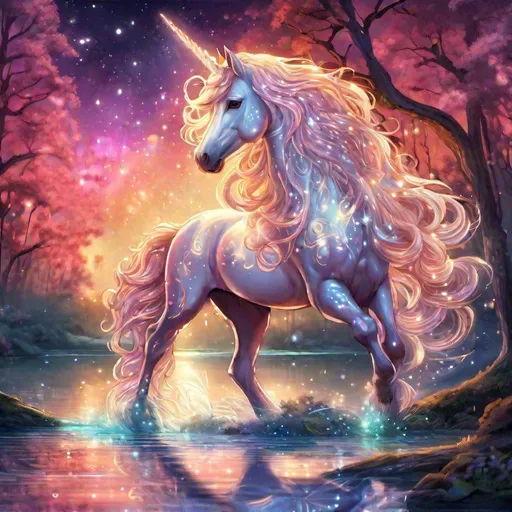 Prompt: A kawaii nebula translucent palomino friesian unicorn that is glowing, long curly flowing mane, on two legs, fiery mane, in a magical forest near a lake, sunrise, beneath the stars, bioluminescent, highres, best quality, concept art