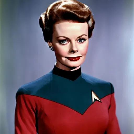Prompt: A portrait of June Lockhart, wearing a Starfleet uniform, in the style of "Star Trek the Next Generation."
