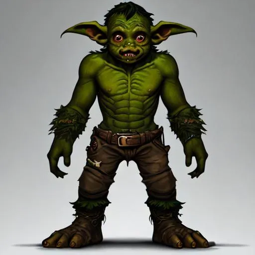 Prompt: young goblin, male, green brown skin, manly,  young, full body
