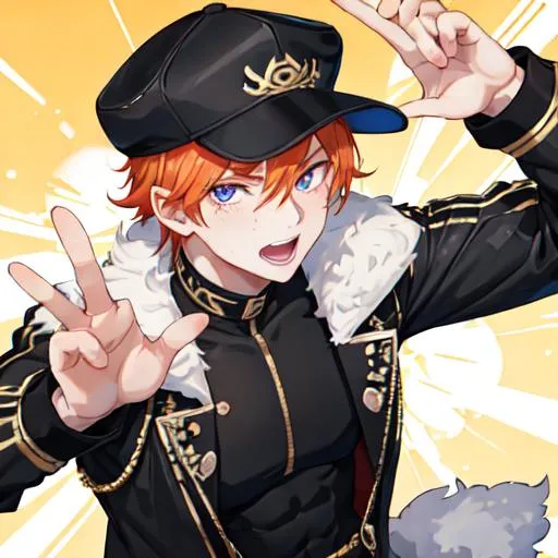 Prompt: Erikku male (short ginger hair, freckles, right eye blue left eye purple) muscular, UHD, 8K, Highly detailed, insane detail, best quality, high quality. hands in the air, wearing a sideways baseball cap, black jacket, black shorts