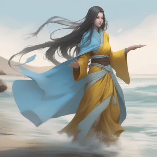 Prompt: dnd a a female water gensi monk wearing sand yellow robes with long hair made of flowing water and pale blue skin in a beach