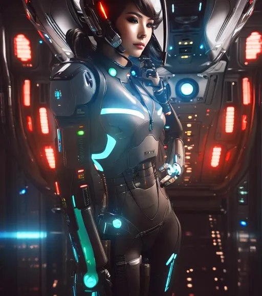 Prompt: a spaceship pilot in a latex suit with robotic limbs, laying down in a pod, in a cyberpunk setting, cyborg, implants, high details, realistic, photorealism, 8k, art by sakimichan from deviantart