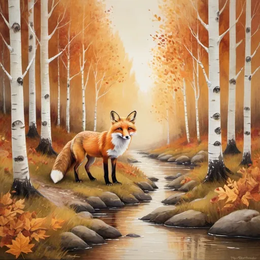 Prompt: a fox in the woods with birch trees and a creek, an autumn image that looks like a folk painting


