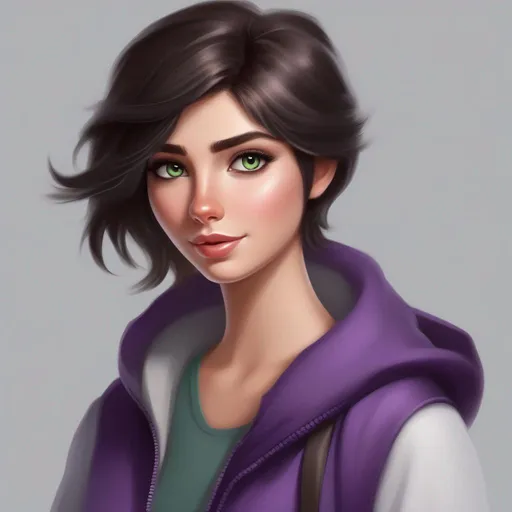 Prompt: elsa's short brunette haired roundish faced green-brown eyed cousin with a purple black grey white color scheme