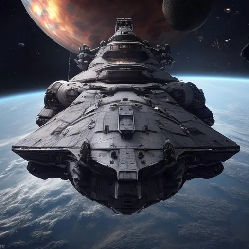 Prompt: #Vasa# spaceship, {ultra realism, cinematic, epic 4K} one grey sword-shaped spaceship,
sci-fi, 
{background} outer space,
{point of view} from the side,