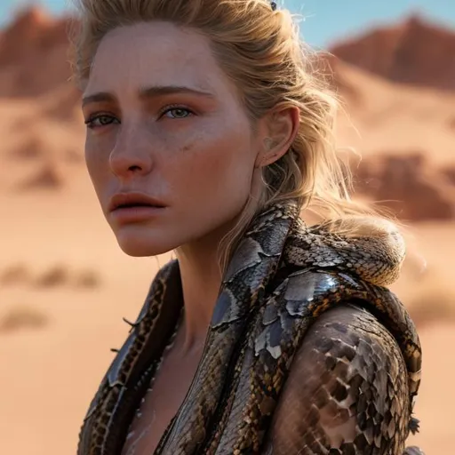 Prompt: professional realistic photography of the highest quality, 8k, HDR, best quality, ultra-detailed, Intricate details, details lips, details hair, detail body.In THE DESERT a when ELLA was exploring a three headed venomous snake attacked her she 
