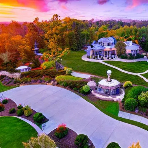 Prompt: mansion landscaping spring sunrise hills drone nature