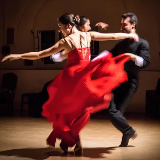 Prompt: A spanish couple dancing with passion on dance-po music as abstract photo
