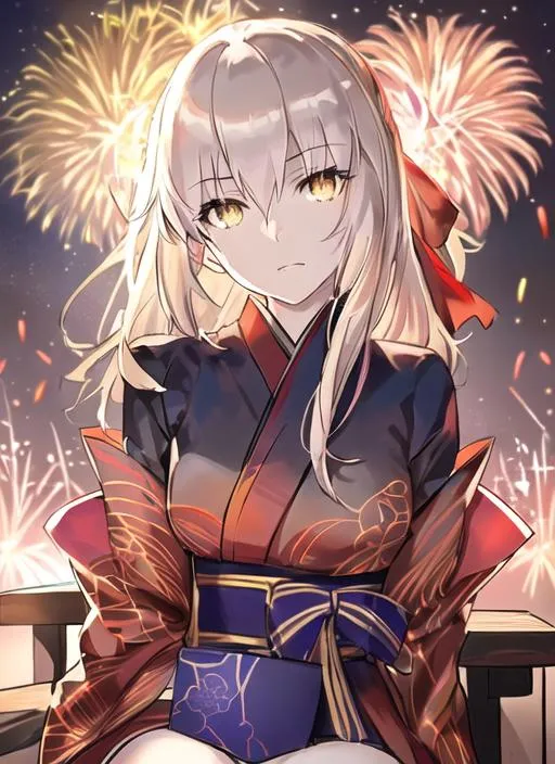 Prompt: Portrait of a Saber alter from Fate series, sitting on chair, blonde hair, light yellow eyes, black and red yukata, in the middle of fireworks festival, big dreamy eyes, beautiful intricate colored hair, symmetrical, anime wide eyes, soft lighting, detailed face, by makoto shinkai, stanley artgerm lau, wlop, rossdraws, concept art, digital painting, looking into camera