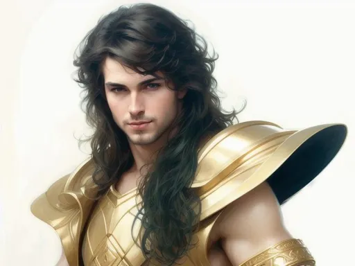 Prompt: Make him look like realistic handsome man.elegant beautiful features. Dreamy. Art by artgerm and Daniel gerhartz and Tom Bagshaw. very handsome face, beautiful deep blue eyes, dark green long hair