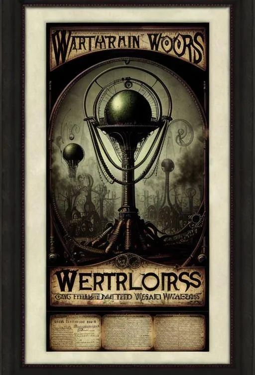 Prompt: Steampunk inspired victorian poster, framed, about a lovecraft themed war of the worlds invasion, 8k, inspired by giger,inspired by h.p. lovecraft, inspired by h.g. wells, frame top, frame bottom