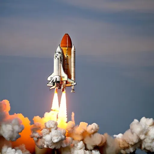 Prompt: space shuttle taking off into the stratosphere, sunset