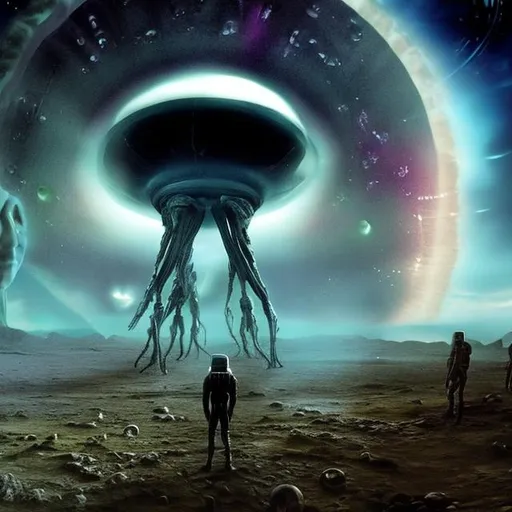 Prompt: Aliens have landed on earth. Ufos in sky. Humans meet aliens. Event horizon. End of days. Ai.