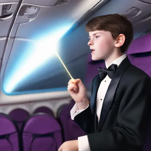 Prompt: 16 year old boy on a tuxedo pointing his magic wand an airplane seat and sparkling magic spews all over the place from the screaming 16 year old boy in a seat on an airplane