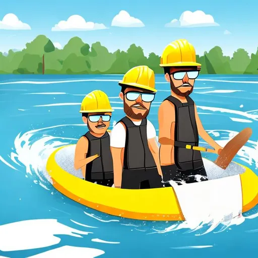 Prompt: three guys with wearing white hard hats and black sunglasses are on water with a wooden raft animated cartoon