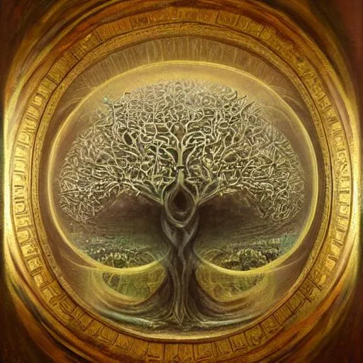 Prompt: a highly detailed oil painting of sacred geometry Tree of life, kabbalah in The Fifth Dimension,  Rembrandt, Agostino Arrivabene 
