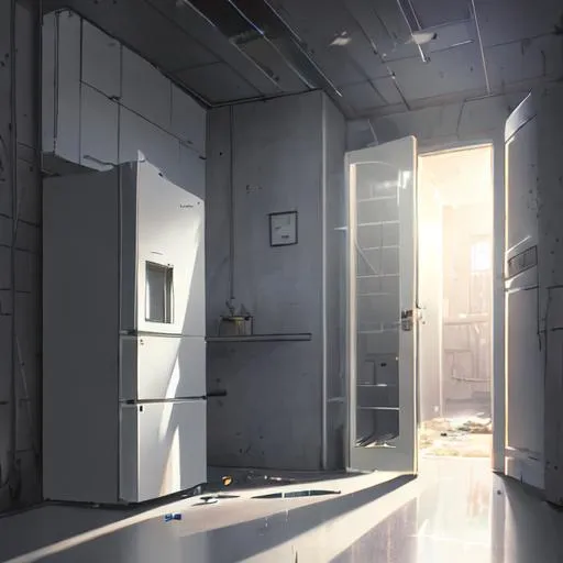 Prompt: A fridge, Slightly opened fridge door, light coming from the opening, basement, room, concrete floor, dark lighting, spooky, masterpiece, best quality, ultra-detailed, Breathtaking, symmetrical, soft lighting, by makoto shinkai, stanley artgerm lau, wlop, digital painting