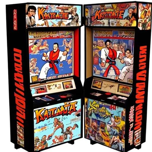 Prompt: create the artwork for a video game cabinet from 1987 for a karate fighting game