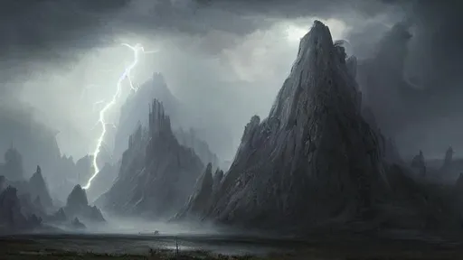 Prompt: fantasy concept art by greg rutkowski of a large monolithic MOUNTAIN SPLIT IN TWO BY LIGHTNING, hooded figure in the foreground looks out over a swampy landscape, ominous sky, dense lightning, fog, exegol, rock outcroppings, gestural oil painting style, backlit, cinematographic morning light, artstation hq,