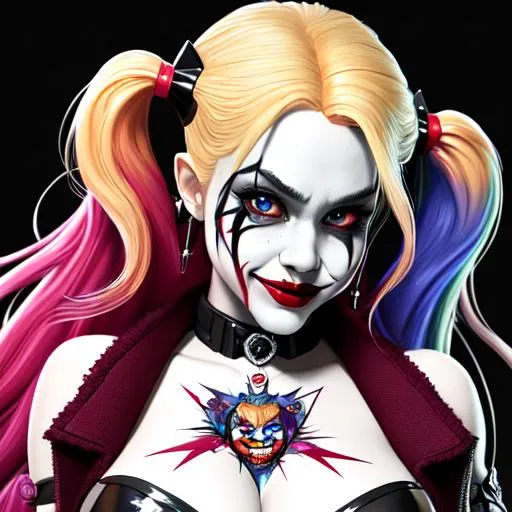 Prompt: (((masterpiece))), (((full body))), ((best quality)), hyper quality, ((HIGHEST RESOLUTION)), refined rendering, extremely detailed CG unity 8k wallpaper, highly detailed, (super fine illustration), highres, (ultra-detailed), detailed face, perfect face, (((DC COMIC BEAUTIFUL HARLEY QUINN WITH THE JOKER))), stunning art, best aesthetic, twitter artist, amazing, high resolution, fine fabric emphasis, UHD, 