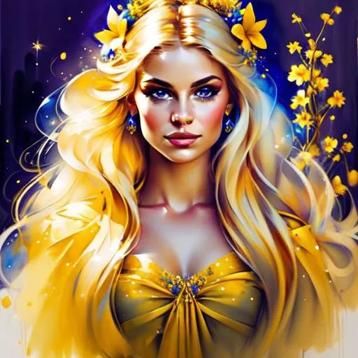 Prompt: Pixie dust princess, long blonde hair, sapphire eyes, yellow flowers in her hair,  facial closeup