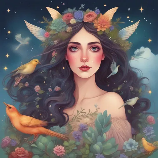 Prompt: A colourful and beautiful Persephone as a fairy with stars, succulent and gems in her brunette hair. In a beautiful flowing dress made of plants. Surrounded by birds and clouds, in a painted style