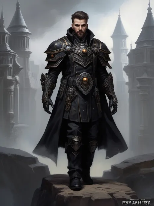 Prompt: ((Full-body)) oil painting of a male Warhammer 40k sanctioned psyker, (short thick brown hair), (styled full brown beard), worry lines, highly detailed piercing {brown eyes}, oil painting, intense gaze, wh40k, dark black clothing, painterly, painted, dark black gunmetal hi-tech psyker light armor, psyker epaulets, dark black gunmetal 40k psyker hi-tech gear, ((psyker)), Caucasian, (up-lit {up lit} {under lit} under-lit face), epic confident standing pose, {black duster trench-coat}, {black caped greatcoat}, {black military gaiters}, {black heavy-sole boots}, {black gloves}, {matte black psyker hi-tech (chest armor)}, highly detailed background, 40k imperium of man high gothic architecture background, Warhammer 40k, highly detailed facial features, soft art style, soft highlights, soft shadows, impressionist brushwork, {proportionate normal-sized forehead}