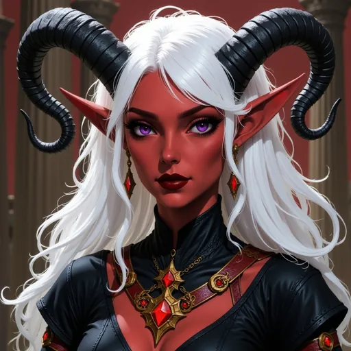 Prompt:  @p2CZMES7VK5y7B1QsEFp white hair, large crown, lots of jewelry, horns curved down, black clothes, coronation