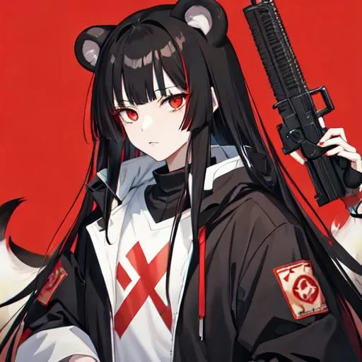 Prompt: Kuma 1male (pale) long black hair) (red eyes) holding a gun, nuclear fallout