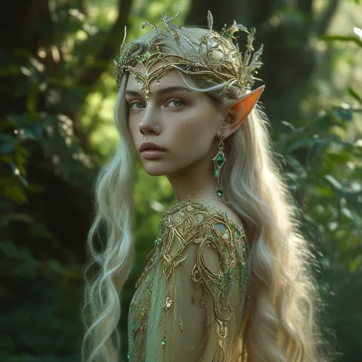 Prompt: Female elf royalty, elegant and regal aura, intricate ornate gown sparkling with emerald and gold accents, delicate silver tiara studded with gemstones, ethereal long flowing hair cascading down her back, poised posture radiating strength and grace, lush green forest background dappled with sunlight, lush foliage and ancient trees, mystical ambiance, enchanting atmosphere, charming and captivating, ultra-detailed, 4K quality.