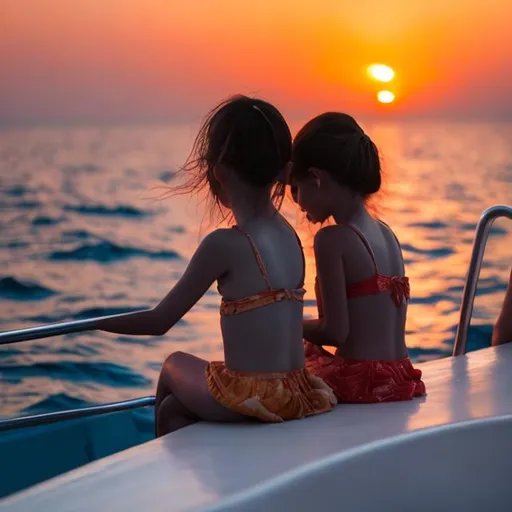 Prompt: two girls in Ocean on a boat sunset