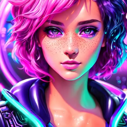 Prompt: vaporwave aesthetic digital painting with neon purple lighting of a girl with very short pink hair , serious, wet hair, slim, fit, hdr, uhd, 8k, highly detailed, professional, vivid colors, punk rockmajestic , exuberant, on a beach, realistic, detailed, high fantasy, concept art, lush, vibrant, freckles. Galaxy Space.  little girls at a party. 