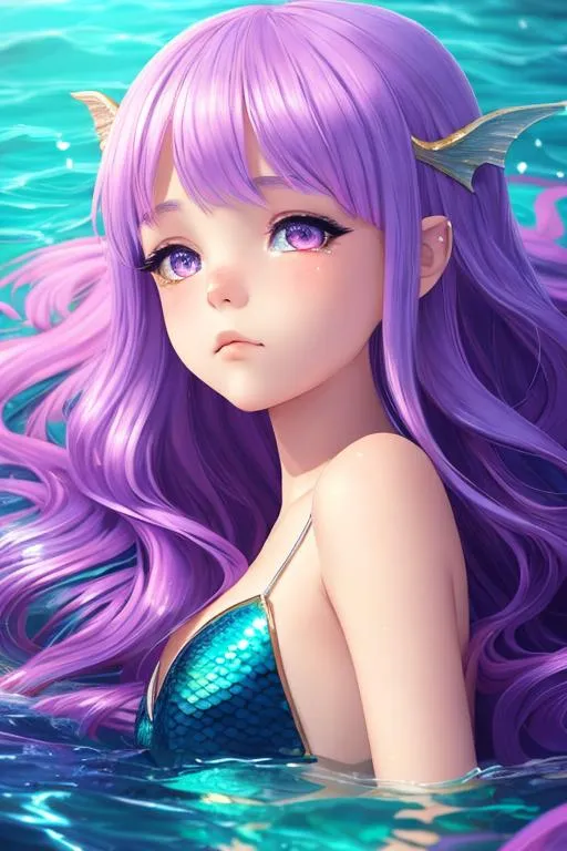 Prompt: close up shot, cinematic shot, portrait,

mythical mermaid girl, sad, melancholic, tear in the eyes, cute face, lying around in the deep-sea, lot of coral, petite body, small stature, violet long hair, stray hair, hair bang, Heterochromia eyes, 

2D illustration, 2D vector art, 2D digital painting, 2D flat color, 2D art, vibrant color,

ultra detailed coral background, detailed face, detailed eyes, detailed nose, detailed mouth and lips, detailed mermaid fin, detailed accessories,

breathtaking, precise line art, vibrant, panoramic, cinematic, Carne Griffiths, expressive, hyper maximalist, colorful, rich deep color, vintage show promotional poster,

((sunshine, reflective water, head light, iridescent light reflection, face light reflection)),

volumetric lighting, studio lighting, cinematic lighting, dynamic lighting,

UHD, HDR, 64K, masterpiece, professional character design, professional artwork, 