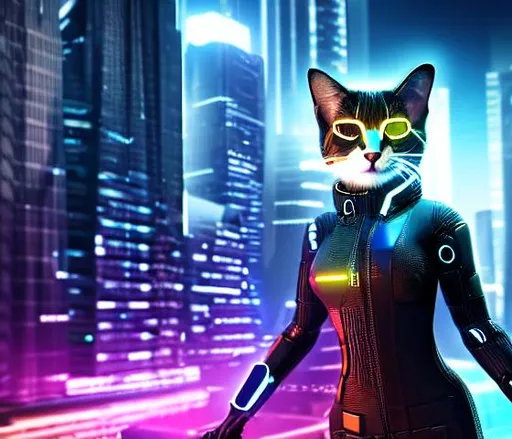 Prompt: A cyber cat, cyberpunk cat 8k, realistic, dystopia, ar 16:9 stylize 20000