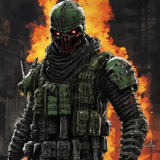 Prompt: Redesigned Gritty black and dark green futuristic military commando-trained villain Todd McFarlane's Spawn. Bloody. Hurt. Damaged mask. Accurate. realistic. evil eyes. Slow exposure. Detailed. Dirty. Dark and gritty. Post-apocalyptic Neo Tokyo with fire and smoke .Futuristic. Shadows. Sinister. Armed. Fanatic. Intense. 