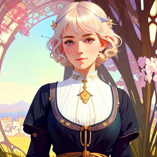 Prompt: Cute girl with freckles, breton dress, intricate, detailed face. by Ilya Kuvshinov and Alphonse Mucha. Dreamy, pastel colors, honey, elven, curly short white hair, swordswoman