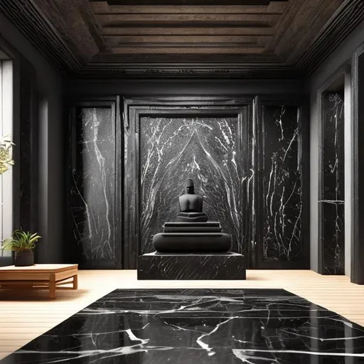 Prompt: A Zen meditation room, in the style of a Roman temple made of black marble