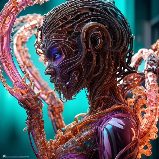 Prompt: translucent black women in biomechanical body, liquid cooling, intricate circuits, beautiful, elegant, brown gradient with turquoise, purple and golden smoke and pink crystal liquid, stunning, render, hyper realistic, octane render