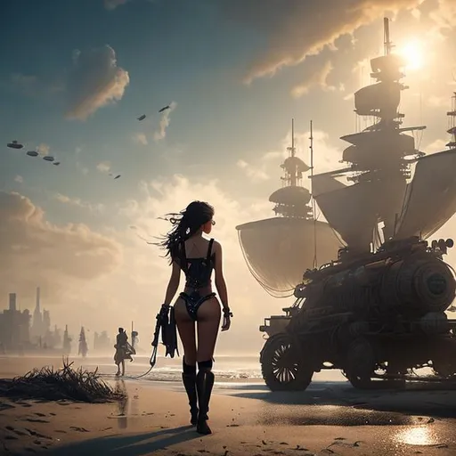 Prompt: steampunk female wearing a swimsuit at a beach party, phot followed by other female, ultra high detail, hyper realistic, realistic concept art. sense of awe and scale, in the art style of Filip Hodas, a grimdark dystopian cyberpunk post-apocalyptic style, --ar 16:8