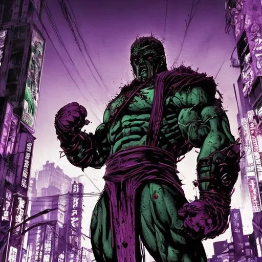 Prompt: muscular face-masked villain called BlisterFist. Blood spatters. Very Dark image with lots of shadows. Background partially destroyed neo Tokyo. Noir anime. Gritty. Dirty. Purple and green Neon accents. Armour