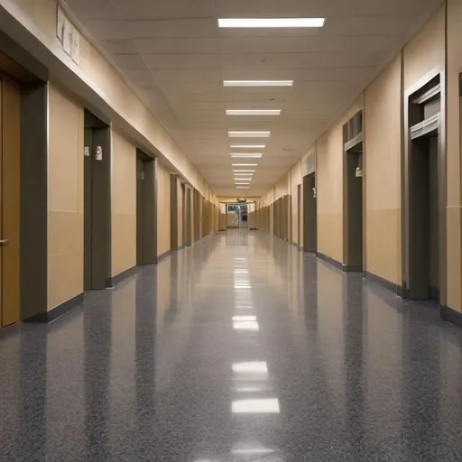 Prompt: Real life school main hallway liminal space