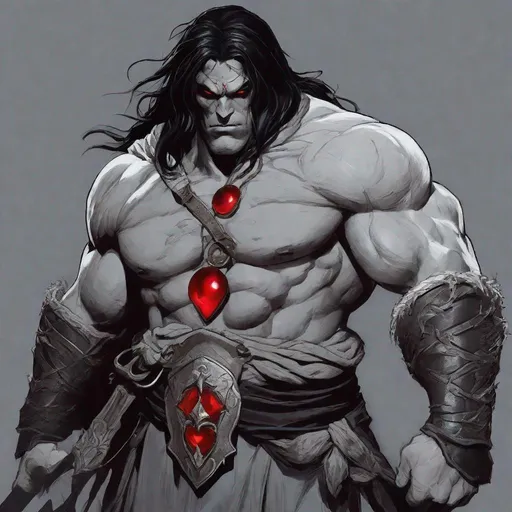 Prompt: Tall, Intimidating, Large, male, Solomon Grundy/goliath DnD build, black hair,  very dark grey scarred skin, covered in bandages, dark tattered cloth armor exposes his midriff, hood of magical darkness that covers entire face, large red gem between pecs in chest, Path of the Zealot Barbarian, Strong, wielding large two-handed great-axe